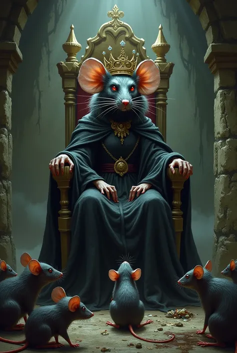 Generate me a image that there is a rat villian qeen with crown on her head that is sitting on the throne in the sewer and the other rats are kneeling 