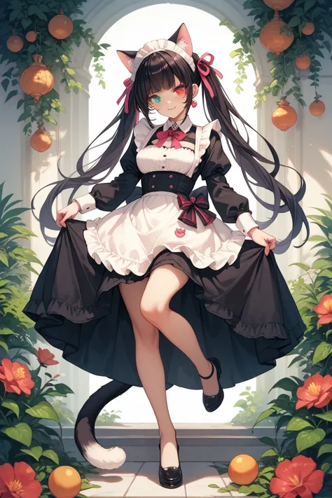 Female nekomata maid girl with long dark hair and with heterochromia eyes with one being partially red and pink and the other one green and big boobs full body image with catears and 1 cat tail