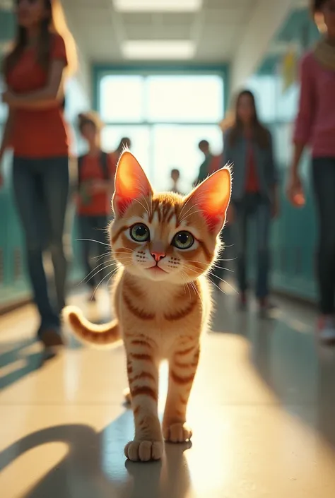 Cat standing entering a school corridor
