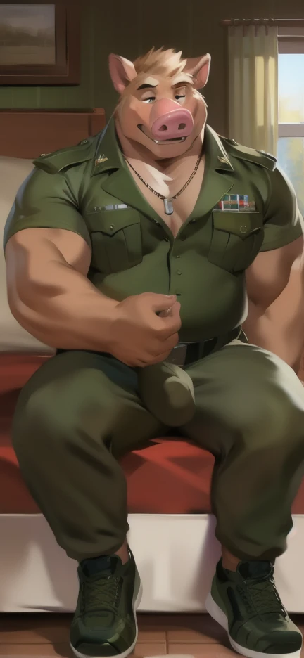 Solo, big male ,huge​ body​,​ bedroom, Sit and sleep. ,barrack,big pig ,Green military sergeant uniform , Wear combat shoes,Wearing a necklace, overweight, muscular, Sexual​ Emotions​ , by chunie