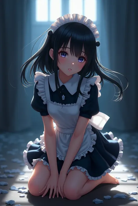 Black long-haired loli, wearing a maid outfit, kneeling, legs and five fingers, more flesh, cute two-dimensional, background backlit HD  realistic