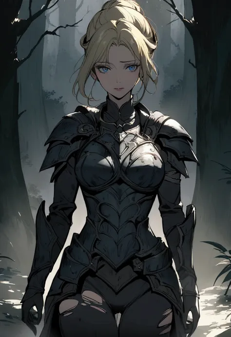 slender, mature female, 1girl,  wears dark gray and black, slightly torn, distressed armor.  Her expression is serene, with striking blue eyes, and her blonde hair styled in a decorative updo.  The lighting emphasizes her features, creating highlights on h...