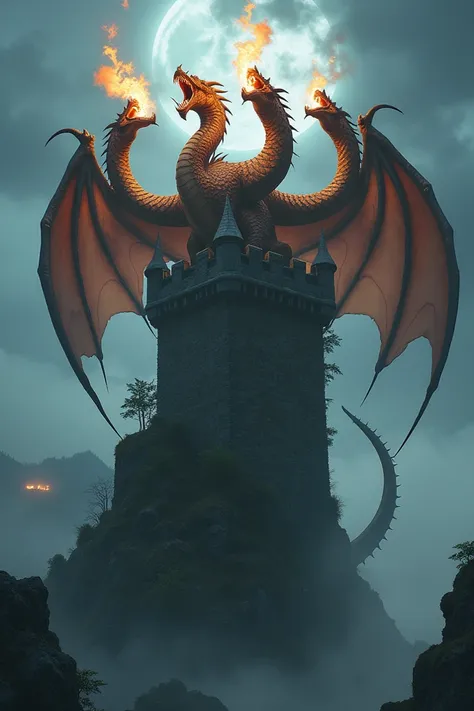 Five-headed dragon blowing fire from the top of a dark castle tower with lots of fog surrounding it and filled with plants and vines 