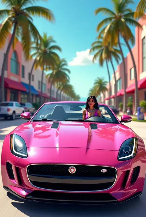 a girl from gen Z driving the new Pink Jaguar released this week in Miami 