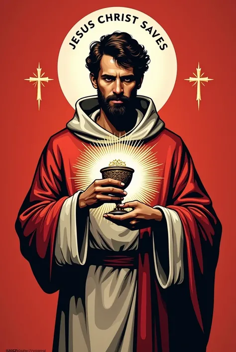  Make a flayer of Saint Tarcísio patron saint of altar boys,  the Holy Eucharist and the flayer in red colors , white and black and the phrase Jesus Christ saves under  