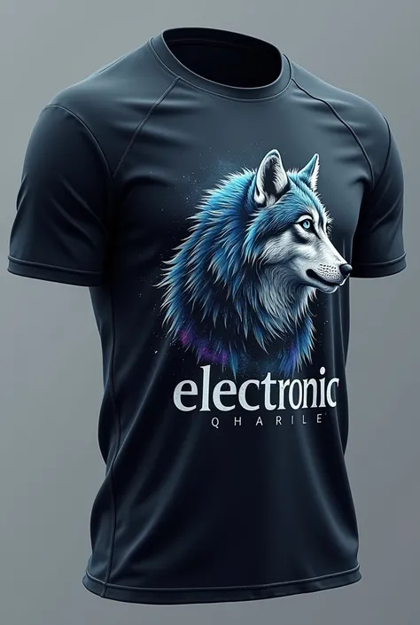 Create a sports t-shirt that has a blurred wolf on the front and with 
Have the word electronic 