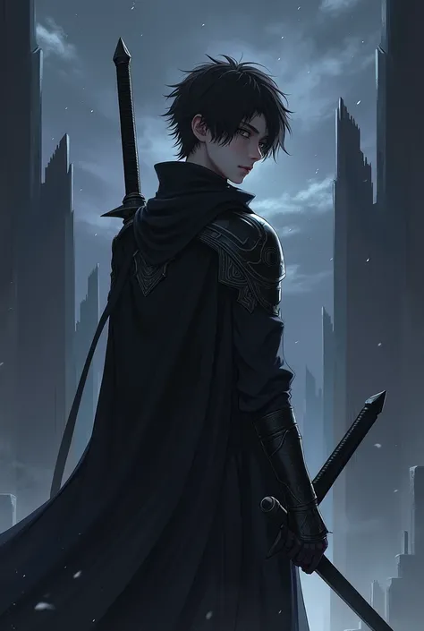 to an 18-year-old boy wearing black clothes and holding a black sword, Night and anime version .  Use the colors black , white and grey