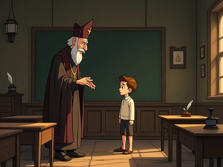  Animated images of an old bishop sending a boy from the colonial era to the corner of a classroom, Pointing to the corner of the classroom 