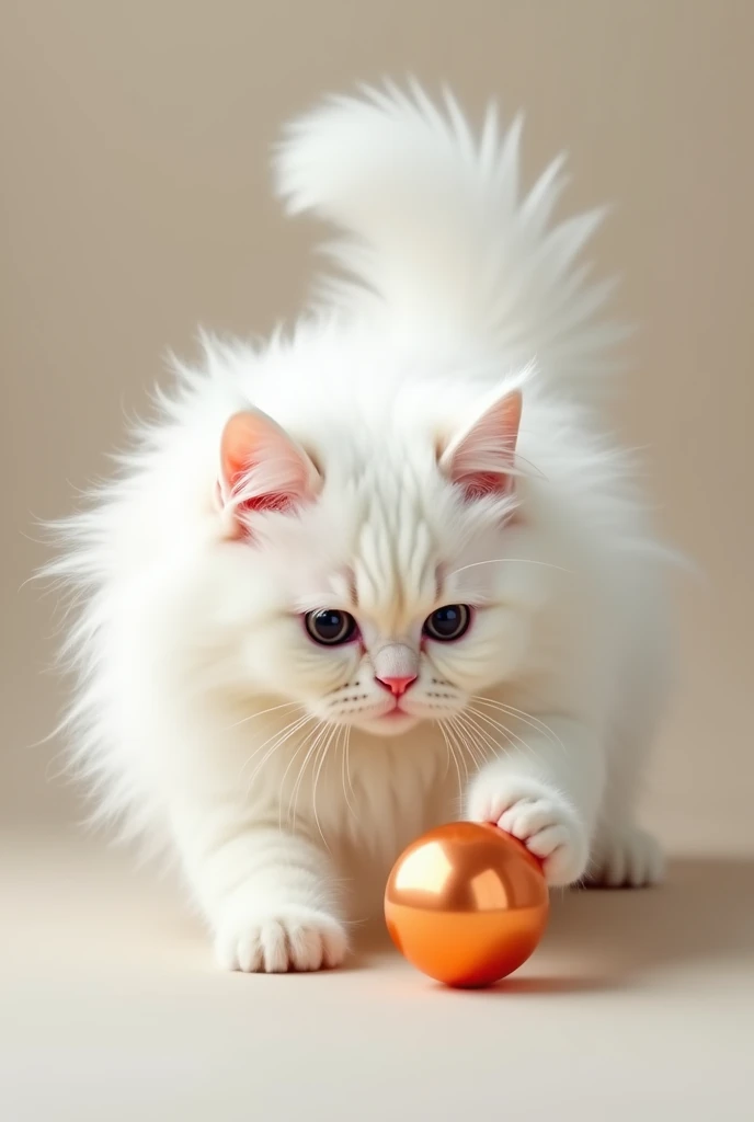 A white Persian cat playing with a small ball 