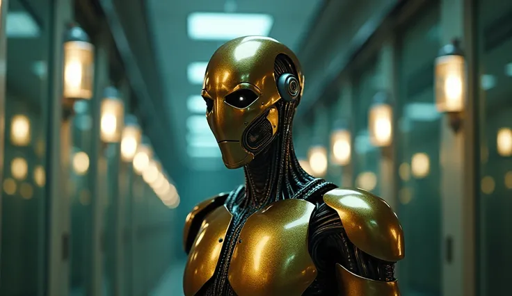  realistic cinematic visual of A Hannibal Lecter ,  robot with a metallic restraint mask that shines in gold,  an elegant robotic suit and retractable claws .  He is in a futuristic glass cell , surrounded by security lights .