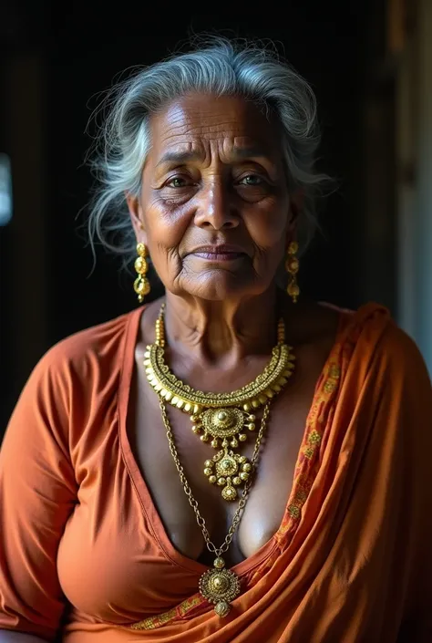  photo of a plump older assamese village elder woman, wearing gold jewelry, mischievous face, glasses, sweat skin, upper body shot, in loose saree blouse and deep neckline, massive cleavage, huge breasts, makeup, arrogant, rich, grey hairs, dark skin, shy ...