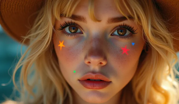  Close-up of an improved masterpiece:1.5)0.9], (madona:1.2) ( messy blond hair :1.1) ( Heterochromia: xanthochromia and brown eyes :1.2) (without a hat:1.0) ( colorful stars in the eyes :1.0) (A radiant glow:1.1) ( thick lips:0.9)
