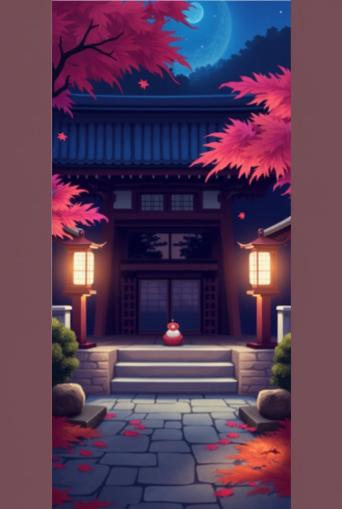 1 scene illustration ， Two-dimensional Style ，night，Japanese Shrines，moon， starry sky ，slate，lantern，Red maple leaf， There is fog in the air，night寂静氛围感，lantern发光烘托氛围，Particle light ， Close to the real atmosphere of light and shadow