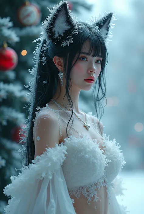 a woman with unmatched beauty is standing in front of a christmas tree, 2. 5 d cgi fantasy artwork, white trendy clothes, frostbite, naver fanpop, black ears, ice, scene girl, streaming, vivy, 19-year-old girl, covered in ice, fully body photo, pvc. striki...