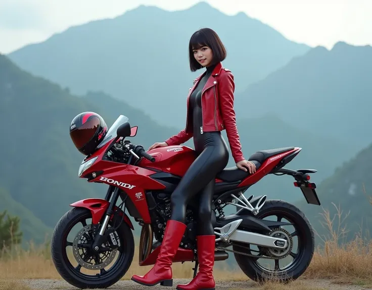 Highest quality, ultra-realistic depiction, mountain background, parked Honda motorcycle (Japanese motorcycle manufacturer) and beautiful Japanese woman, racing type motorcycle, HONDA logo on the tank of the motorcycle body, full face helmet on the motorcy...