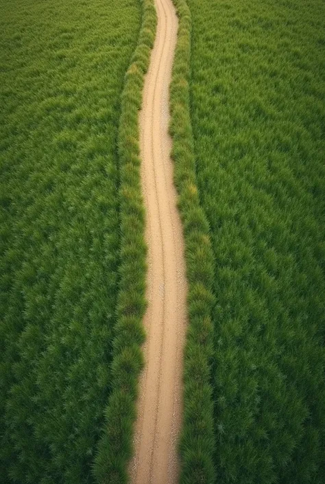 Create a flat aerial view of a straight plain medieval grass pathway. Do not do it at an angle, do it looking straight downwards at the pathway. Do not add shades, preferably the entire area is the same color, no shadows and highlights 