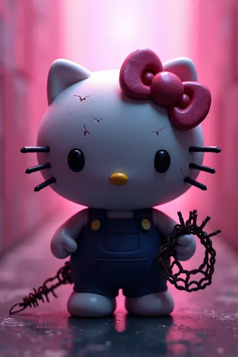 Hello Kitty disguised as saw in a drawing with a pink and purple gradient background