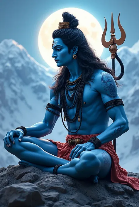 Lord Shiva seated on Mount Kailash, ultra-detailed, hyper-realistic, cinematic lighting, wearing a tiger skin, glowing blue skin with intricate texture, matted hair flowing with the holy Ganga, crescent moon radiating light, surrounded by a celestial aura,...