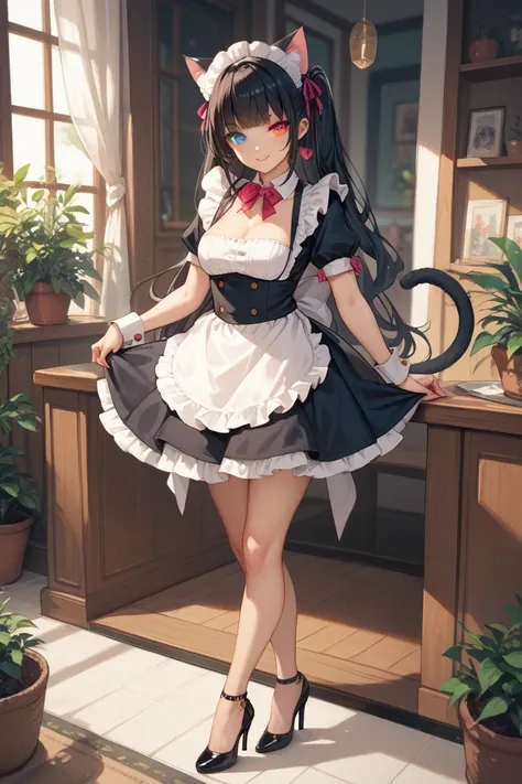 Female nekomata maid girl with long dark hair and with heterochromia eyes with one being partially red and pink and the other one green and big boobs and high heels full body image with cat ears and 1 cat tail