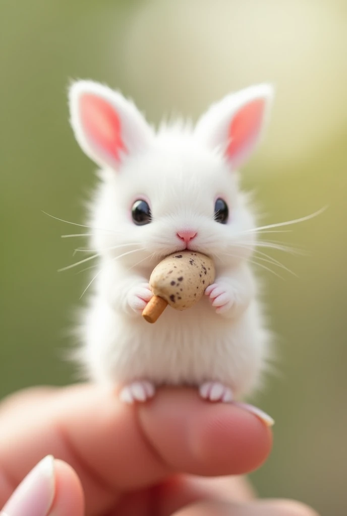  Pinch a little bunny with your finger ， Little Minzis body is the size of a nail cover ，White furry， It holds a small object similar to ice cream in its mouth。Natural background blurry ， to highlight the cute image of Little Minzi 。