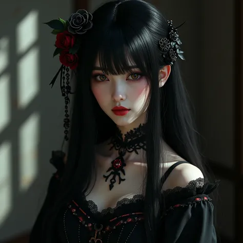  a realistic Japanese woman with features is, long hair with gothic clothing . in the room