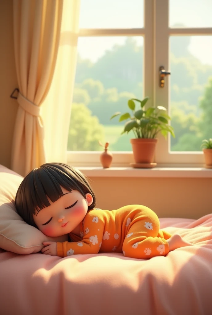 Create a realistic 3D cartoon image of a cute chubby girl (short black hair, wearing orange pajamas and cartoon-patterned pants) lying on a comfortable bed. Next to the bed is a window that overlooks the green trees outside. Soft sunlight shines through th...