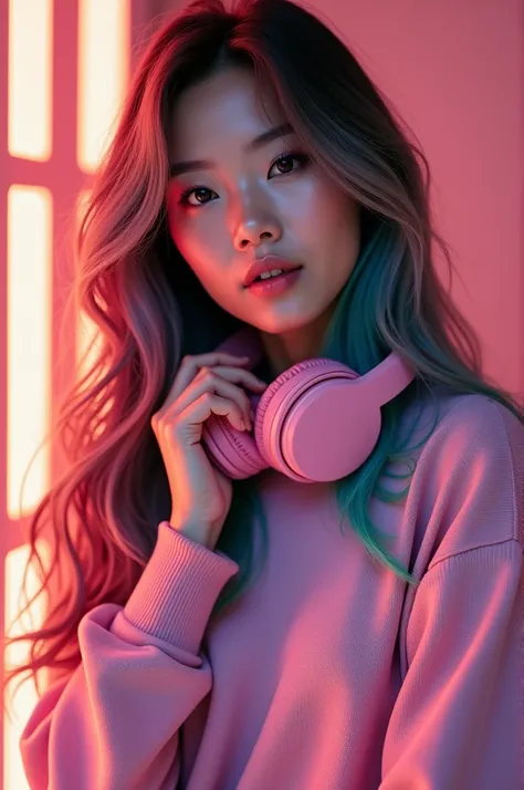 casual photo, indonesian woman colourfull long hair, with pink headphone, wearing pink sweater, looking at the camera, dynamic pose, slighty rim lighting, realistic, random background