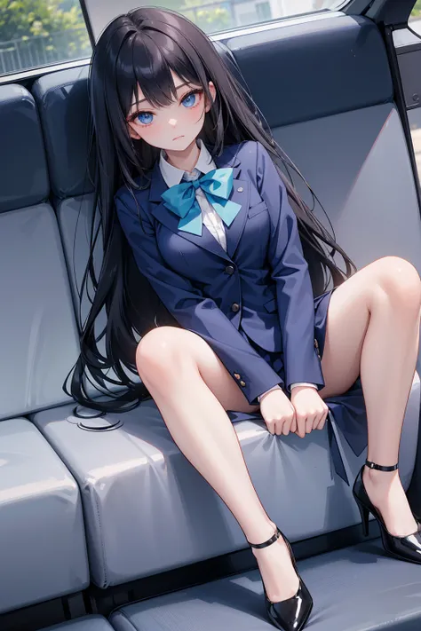  high school student ， Has long, dark hair ， with warm blue eyes ， Wore a fresh blue suit and black heels ， pure white collar and bright green bow 。 has long dark hair and warm blue eyes ， sitting in a car seat ， Striking a seductive pose,Spread your legs,...