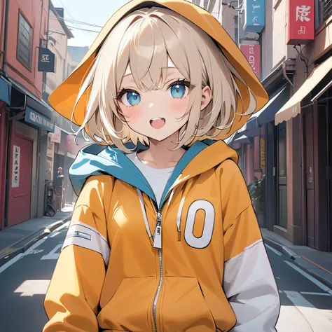 Anime、 top quality、 top quality、 ultra detail、(  Masterpiece  :1.2)、4K,8k, shortcuts、 one girl、White-beige hair 、(Aquamarine Eyes:0.8), Oblique Eyes 、A girl wearing a relaxed street fashion costume based on light blue and white、(Put the letters LOY in one ...