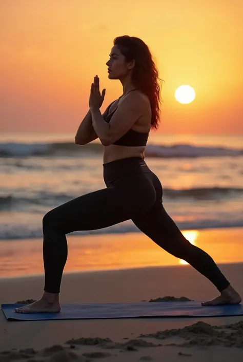 28-year-old woman , big breast and deep cleavage, doing yoga, warrior pose, blue yoga mat, on a beach at sunset, calm sea in background, (gentle waves), serene expression, tight yoga outfit, loose hair, fine sand, (gentle breeze), flexibility, silhouette a...