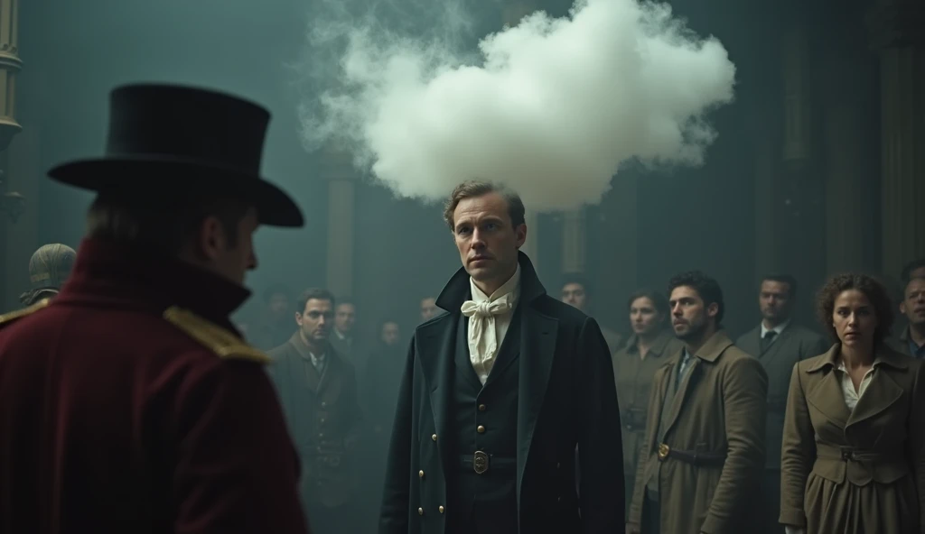 Set the image in the play  "LES MISERABLES",  portrays in the foreground the scene where Mr. Madelein is worried that Inspector Javert will discover his past as a prisoner, Portray the latter in a cloud rising from Madeleins head