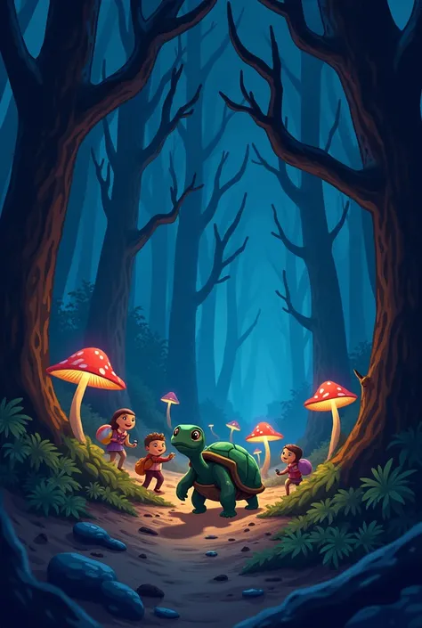 Chapter 7: The Midnight Forest

The forest becomes darker and more challenging to navigate at night. The friends face their fears and light their way with glowing mushrooms, strengthening their bond.

Please create a relatable image Its a turtle story 