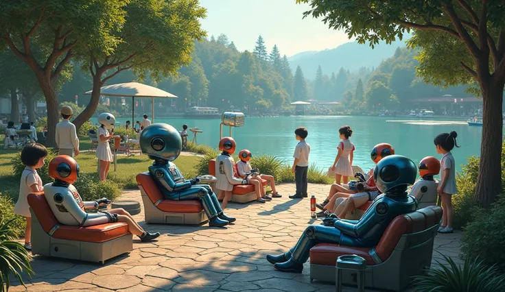 Imagine a world where AIs, algorithms and robots get the weekend off to relax and humans serve them drinks and food at a robot barbecue in the robotarium park beside a lake.