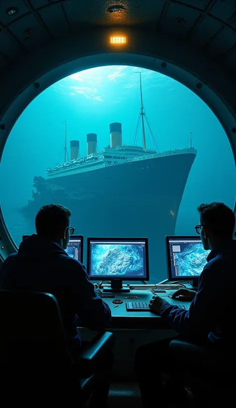 A deep-sea exploration team looking at the wreckage of the Titanic on sonar monitors, the dark ocean around them, the remains of the ship at the ocean floor, small lights from the submersible casting shadows, hyper-realistic, photo-realism, cinematography ...