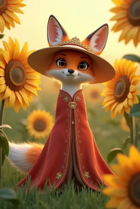 An orange and white fox with long, expressive eyes, wearing a red dress with gold details and a matching wide-brimmed hat. She stands in a field of sunflowers at dusk, smiling serenely. Detailed and charming 3D illustration. High resolution, high definitio...