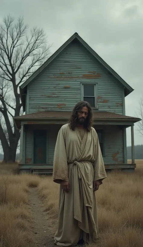 Sad Jesus in front of a house