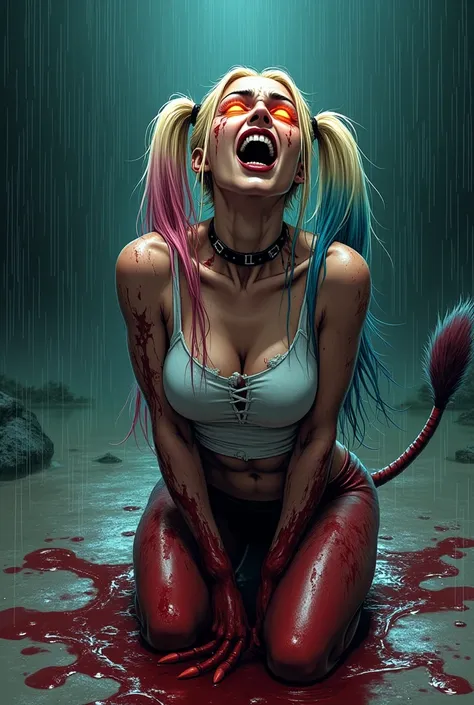 In a dark fantasy comic book type scene HQ comics, Harley Quinn with long blonde hair in twintails with pink and blue highlights, seeds, soft lips with a natural tone, and defined eyebrows, reveals an incandescent glow in her orange eyes, that shines in in...