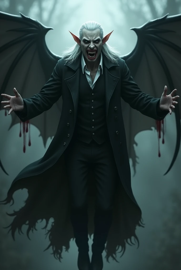 Man with pointed teeth similar to those of vampires, With drops of blood on the tooth ,  looking bloody with the color white and white hair and pointed ears and wearing a trench coat that has black wings and is floating in the air