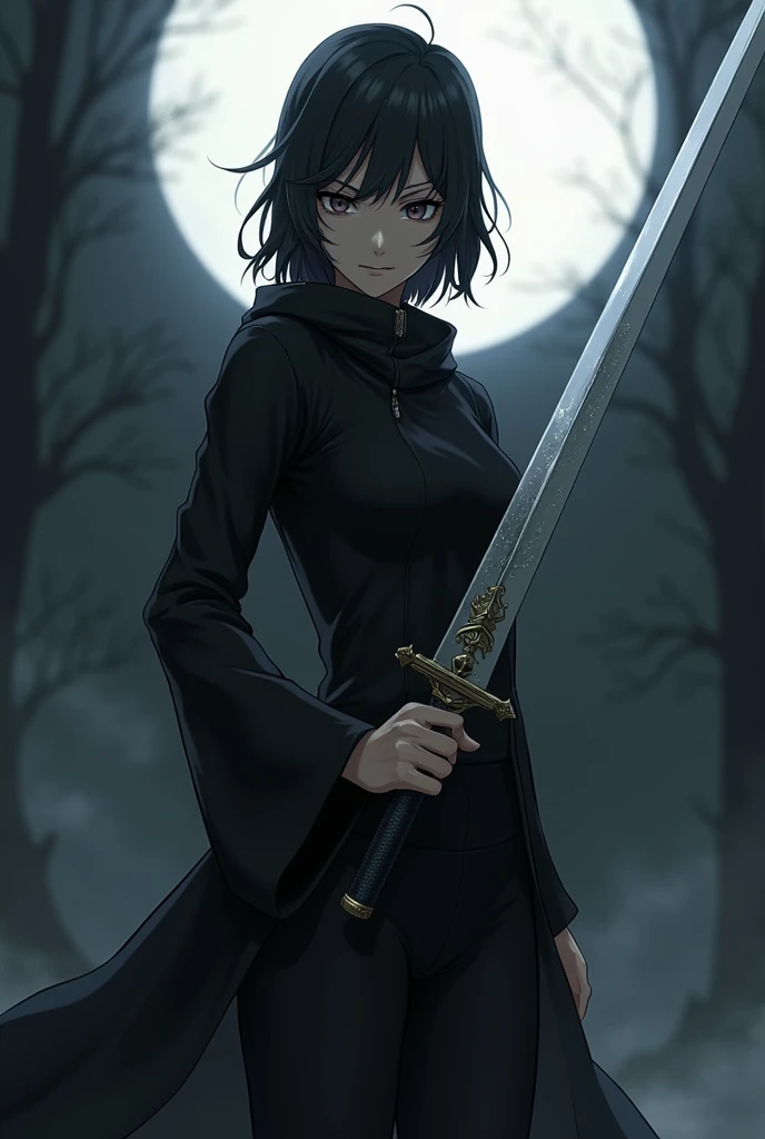 to an 18-year-old girl wearing black clothes and holding a light silver sword, Night and anime version .  Use the colors black , white and grey