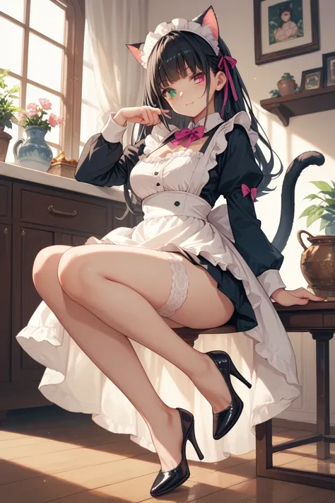 Female nekomata maid girl with long dark hair and with heterochromia eyes pink and green eyes and big boobs and high heels full body image with cat ears and 1 cat tail