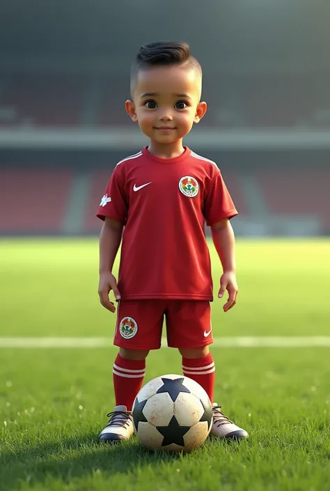 realistic image of a toddler boy with short hair wearing complete Indonesian national team soccer attire standing while stepping on the ball on the soccer field