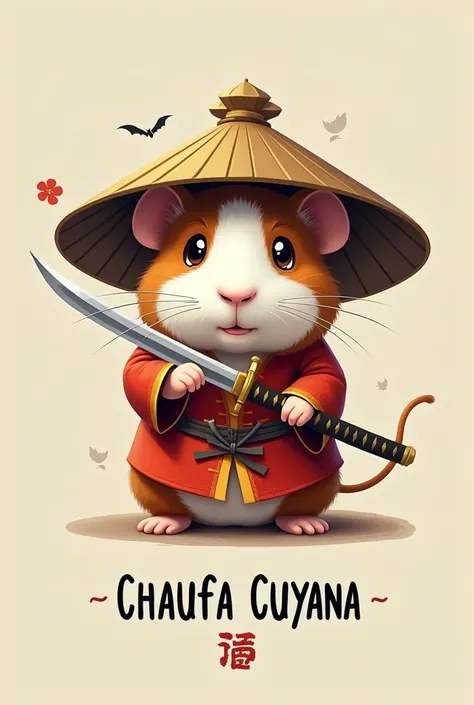 Create a guinea pig that has a Chinese hat and a katana and under the guinea pig put the text that says Chaufa Cuyana