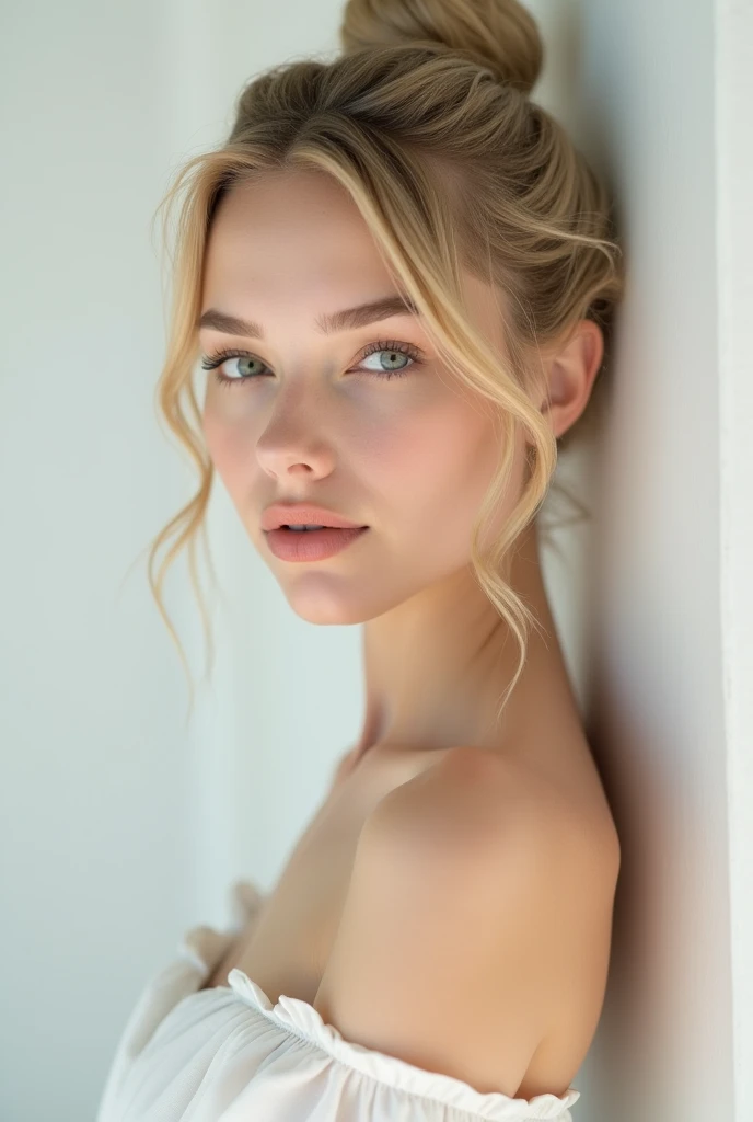  make a beautiful American woman , With a blond bun ,  light makeup on a white background ,  she is unclothed and only shows her shoulder up, 18 years old, And I want to see her full face