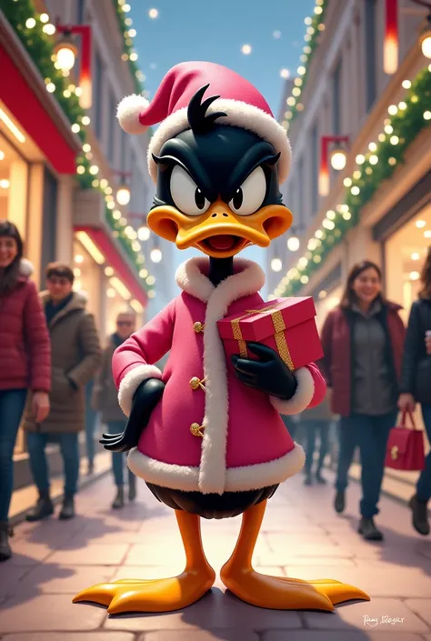  Daffy duck compulsively shopping with a pink Christmas outfit, elegant and with a bossy face 