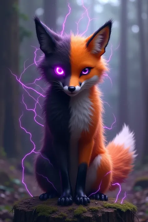 A orange fox that is half enderman on the left side