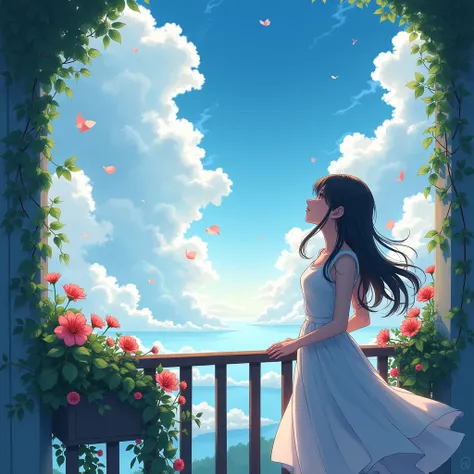 A beautiful girl looking at the sky freely from a balcony, comfortable breeze,creepers, chairs, flower plants,Anime Style, Action Painting, Glowing Light, Best Quality, HD, Masterpiece, From Side, 