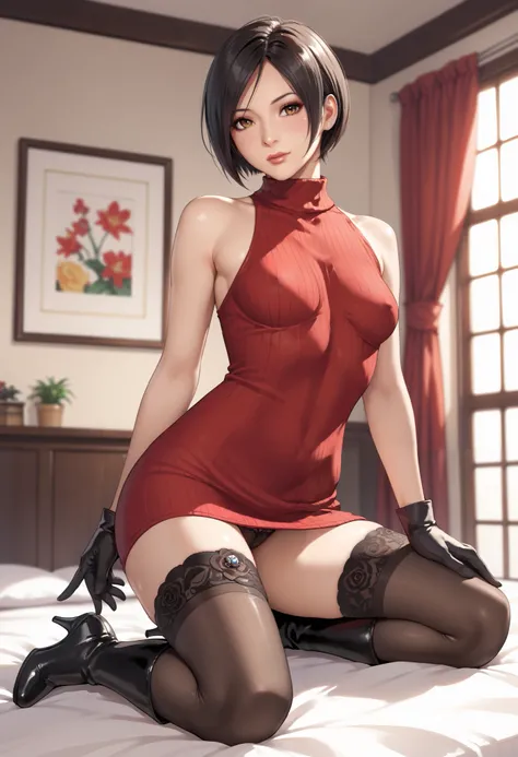 sfw, anime style, extremely detailed CG, high resolution, best quality, masterpiece, single woman, japanese, ada wong (resident evil), brown eyes, (beautiful detailed eyes: 1.4), black hair, short hair, small breasts, red turtleneck sweater dress, black gl...