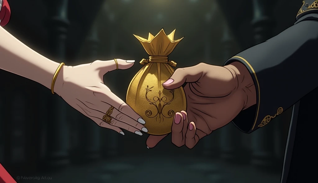 an evil queen handling over a pouch full of gold to a assassin anime just only hands can be seen ladys hand and a guys hand