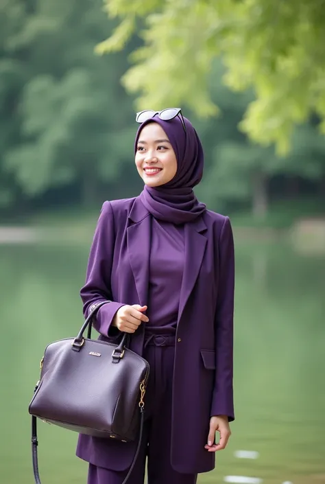 portrait.  A beautiful Korean muslim woman in a long hijab ,  wearing a purple turtleneck and a purple trouser jacket,  glasses overhead ,  expensive branded bag , dynamic style ,  standing on a calm greenish lakeside ,  against the background of shady tre...