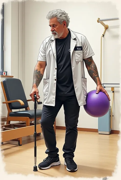 man of 50 years, bent forward,  with short curly hair, ash blonde, wearing black pants, black sneakers and black t-shirt ..  on the left arm, tattoo of an eagle .  Over his clothes a physical therapists lab coat .  On the pocket of his lab coat is written ...